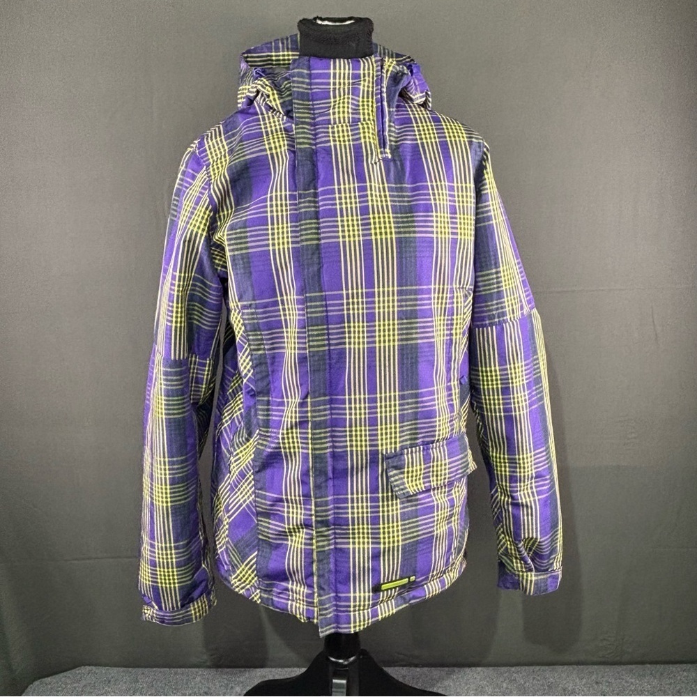 Burton DryRide Snowboard Jacket Women S Plaid Y2K Hooded Ski Coat Purple Yellow